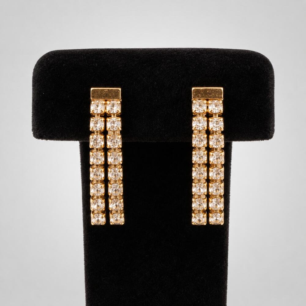 Vintage Avon Rhinestone Gold-Tone Long Dangle Clip-On Earrings 1" wc-67